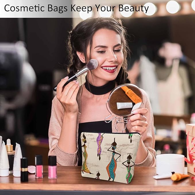 Kalygon African Woman Makeup Bags Makeup Organizer, Black African Women With Vases Flax Toiletry Bags Travel Cosmetic Bag Makeup Purse Pouch Skincare Bag Wallet Bags For Women Female Mom Daughter
