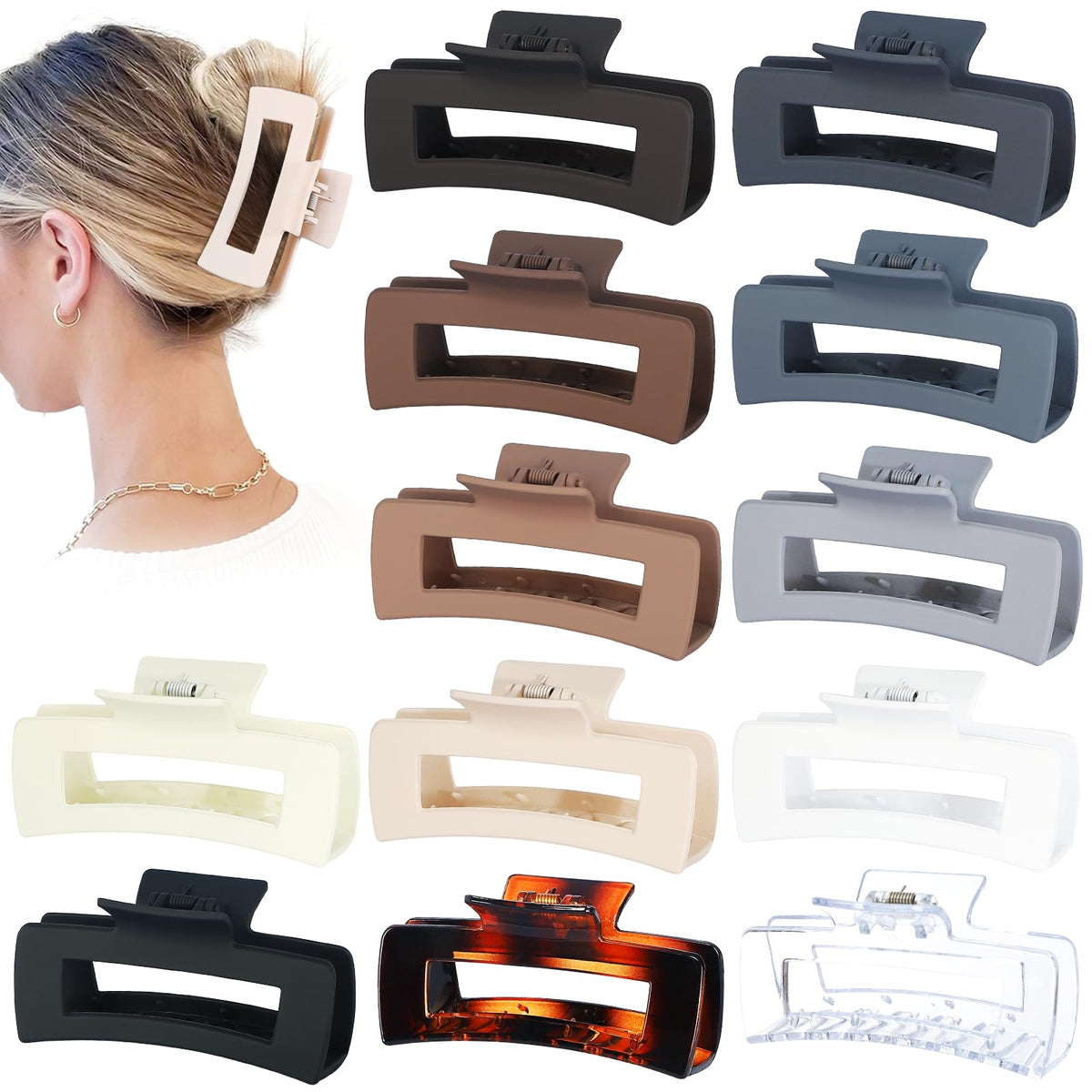 Sisiaipu 4.1 Inch Large Hair Claw Clips 12 Pcs Big Claw for Thick Hair Square Hair Clips Jumbo Jaw Clips Bulk Hair Accessories for women and Girls (Black)