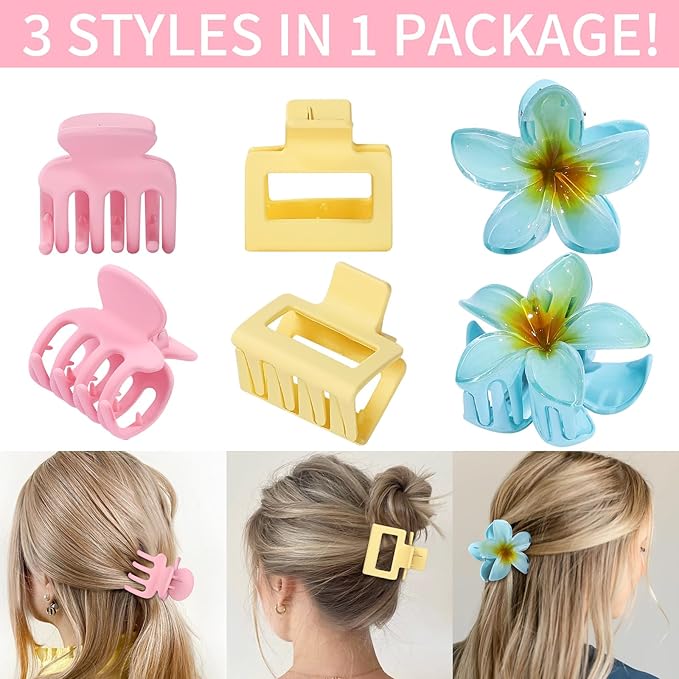 Hair Clips for Women 9 Pack Medium Claw Clips, No Slip Strong Hold Hair Clips for Thick & Thin Hair, Flower Square Aesthetic Styles for Everyday Styling, Trendy Hair Accessories (Pink)