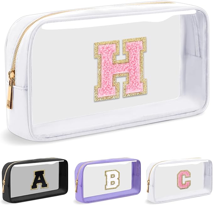 UIXIZQ Personalized Initial Letter Clear Makeup Bag,Preppy Small Nylon&PVC Cosmetic Zipper Bag with Chenille Letter,Travel Skincare Toiletry Bag,Monogram Christmas Gift for Teen Girls Women,H