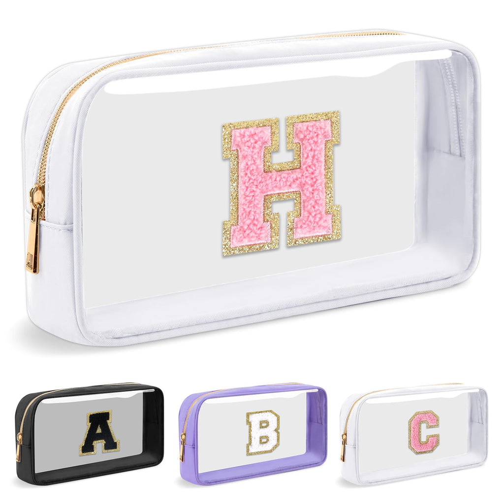 UIXIZQ Personalized Initial Letter Clear Makeup Bag,Preppy Small Nylon&PVC Cosmetic Zipper Bag with Chenille Letter,Travel Skincare Toiletry Bag,Monogram Christmas Gift for Teen Girls Women,H