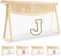UIXIZQ Personalized Initial Letter Bag Boho Straw Clear Makeup Bag,Small Cute Chenille Varsity Letter Pouch With Zipper,Beach Travel Toiletry,Portable Monogrammed Cosmetic Bag for Women Girls,J