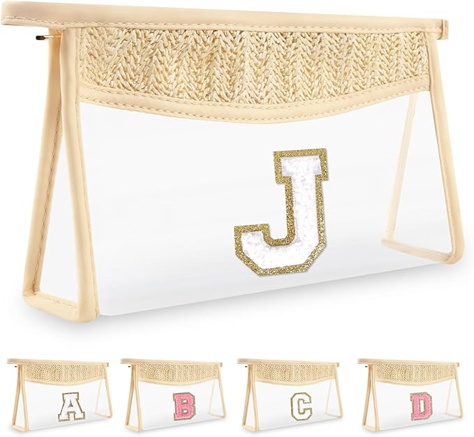 UIXIZQ Personalized Initial Letter Bag Boho Straw Clear Makeup Bag,Small Cute Chenille Varsity Letter Pouch With Zipper,Beach Travel Toiletry,Portable Monogrammed Cosmetic Bag for Women Girls,J