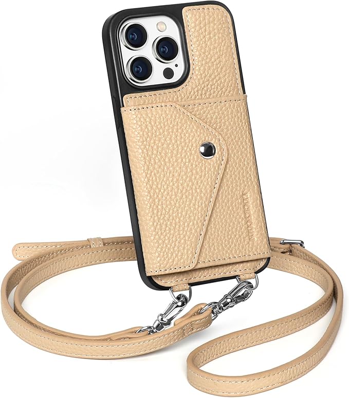 LUCKYCOIN Crossbody Phone Case for iPhone 15 Pro Max,100% Genuine Leather Phone Wallet Case for Women, Premium Hands-Free Phone Purse with Expandable Flip Card Holder & Adjustable Strap - Pebble Beige