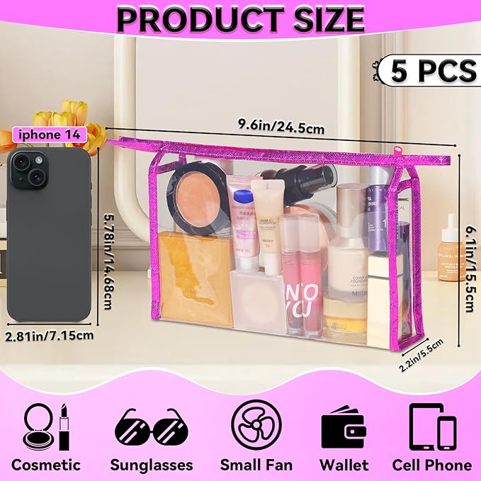 YedsIntu 5 Pack Clear Cosmetic Bags Makeup Bags Set Waterproof PVC Clear Toiletry Bag with Zipper, Makeup Organizer Storage Pouches Fit Carry-on Travel Essentials