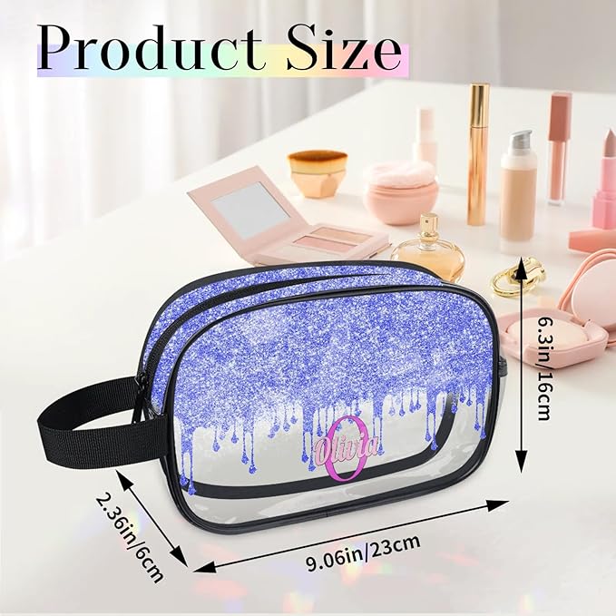 KFNHN Personalized Name Clear Makeup Bag, Custom Women Transparent Cosmetic Travel Toiletry Bag Pouch Organizer for Vacation Weekend, Bright Blue Curtain Glittery