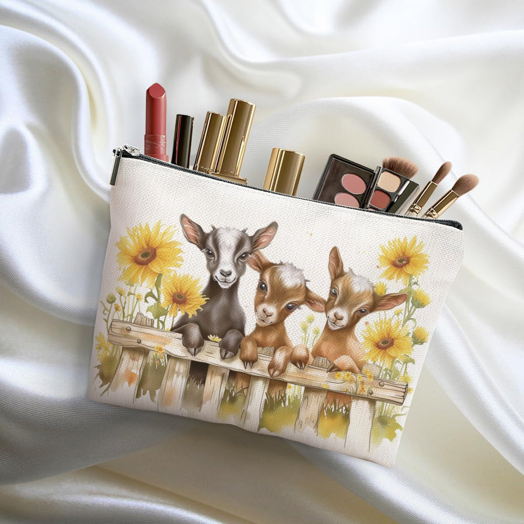 DHKG Goat Gifts for Goat Lovers Makeup Bag Cute Sunflower Goat Cosmetic Bag