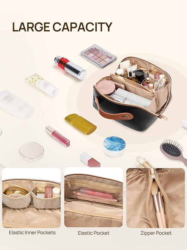 Telena Leather Make Up Bag Portable Travel Makeup Bag Waterproof Cosmetic Bags for Women Large Capacity With Handle and Divider Open Lay Flat
