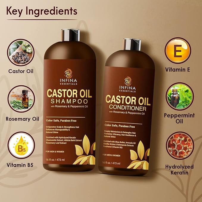 Castor Oil Shampoo and Conditioner Set for Hair Growth, 16 fl oz
