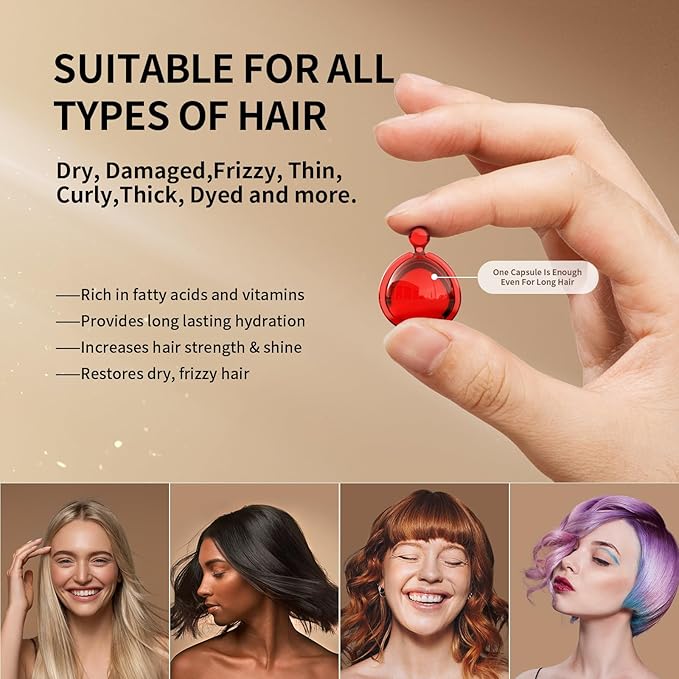 POEROES Hair Oil 50 Capsules - Hair Vitamins A C E Pro B5 - Hair Treatment Serum - Serum for Frizzy and Damaged Hair - Argan & Avocado Oil - Leave in Conditioner for Women & Men