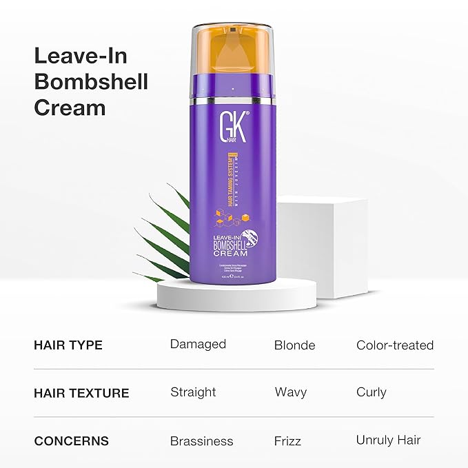 GK HAIR Leave In Bombshell Purple Cream – Purple Leave In Conditioner, Hair Toner for Brassy Hair, Hydrating, Frizz Control for Blonde & Damaged Hair 3.4 Oz