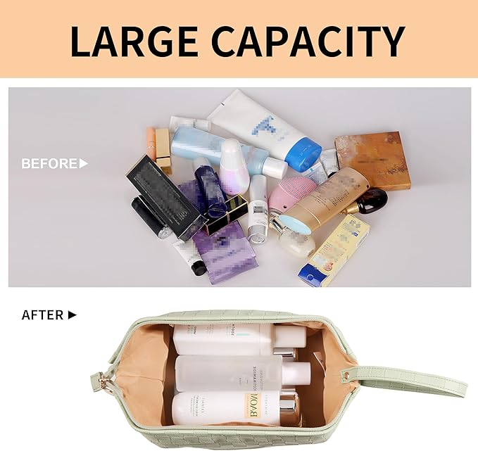 Abiudeng Large Makeup Bag for Women,Travel Makeup Organizer with Brush Holder, Dopp Kit Essentials,Waterproof Checkered Cosmetic Bag for Traveling,Multi Compartment,Cute,Spacious Capacity-Green