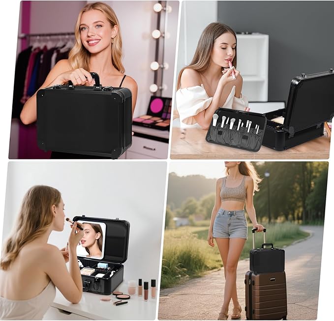 LivelyCove 15"x11" Makeup Case with Lighted Mirror & Brush Holder - Waterproof Travel Organizer, Customizable Storage, Rechargeable LED Vanity for Women (black)