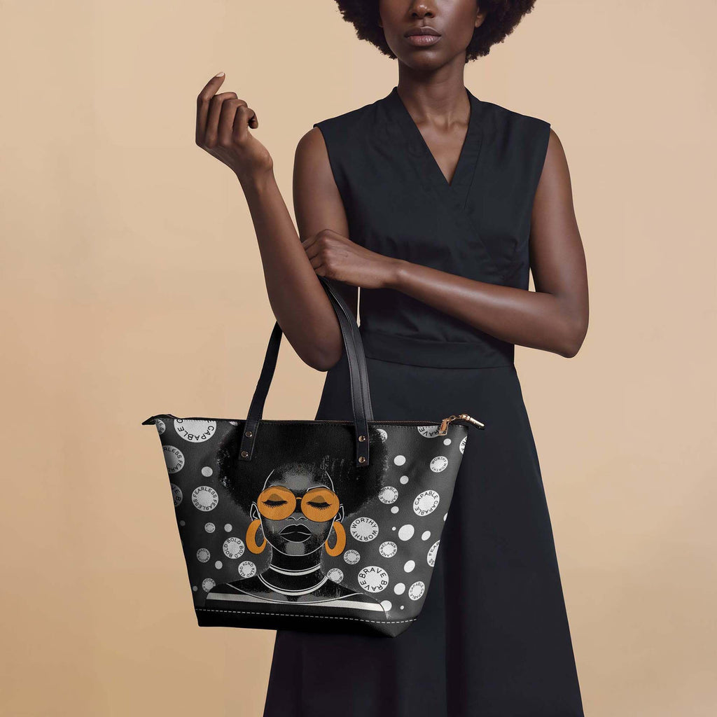 Afroyla African Black Women's Leather Tote Bag, Large Size, Premium Leather, Perfect Presents For Women (Fahari, Premium Vegan Leather)