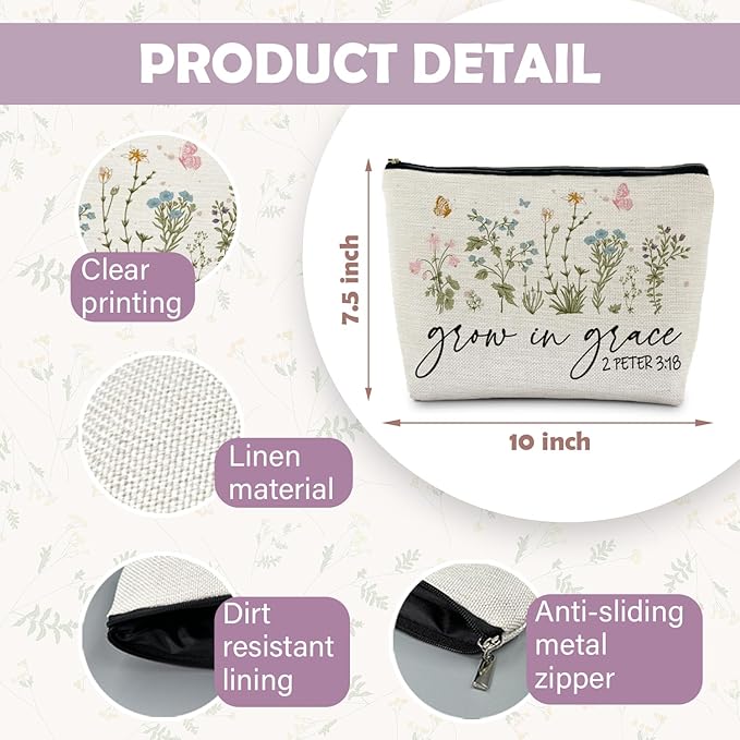RYYCDOI Christian Floral Makeup Bag Pouch, Grow in Grace 2 Peter 3:18, Religious Christian Gifts for Women, Bible Verse Gifts, Bible Verse Cosmetic bag