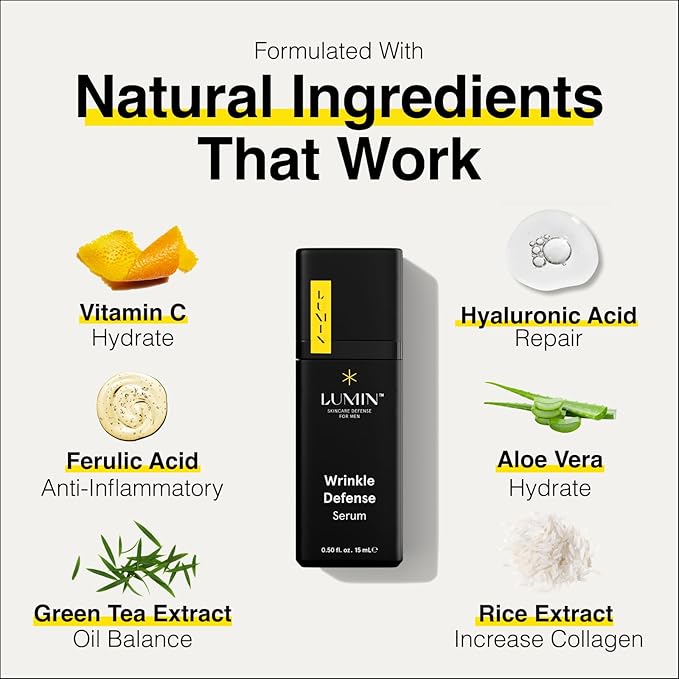 Lumin Wrinkle Defense Serum for Men – Vitamin C & Hyaluronic Acid Face Serum, Lightweight Hydrating Skincare for Smoother-Looking Skin & More Even Appearance, 15 mL