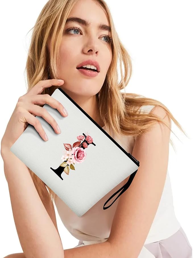 Vavabox A-Z Personalized Makeup Bag, Birthday Gifts for Women Mom, Gifts for Best Friend, Bride Bridesmaid Cosmetic bag (I, 01-White)