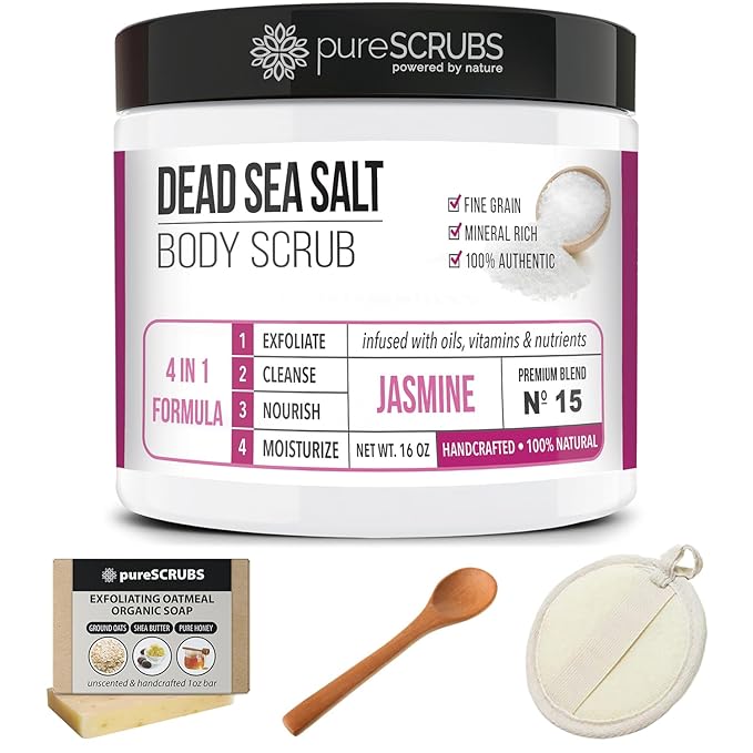pureSCRUBS Premium Jasmine Body Scrub Set, Exfoliating Dead Sea Salt Scrub