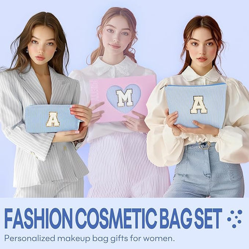 2 PCS Initial Makeup Bags for Women: Cosmetic Bag for Travel Toiletry - Birthday Gifts for 11 12 13 14 15 16 17 18 Years Old Girl Graduation Teacher Gift- Teen Girl Gifts Trendy Stuff - Blue C