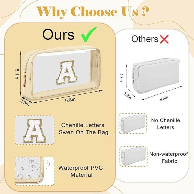 Personalized Initial Letter Clear Makeup Bag,Preppy Small Nylon&PVC Cosmetic Zipper Bag with Chenille Letter,Portable Beach Travel Skincare Toiletry Bag,Trendy Monogram Gift for Teen Girls Women,M