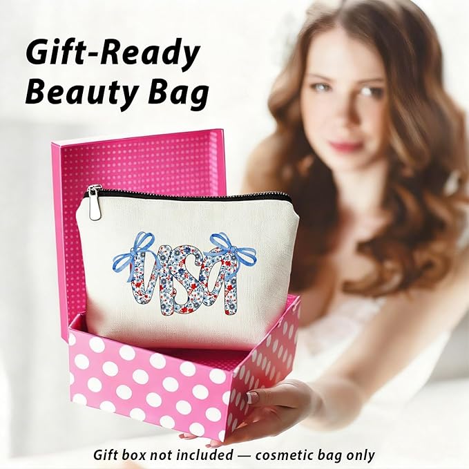LIANGW Retro Floral USA 4th of July Makeup Bag, America Patriotic Cosmetic Bags for Women, Red White and Blue Bow USA Toiletry Bag for Women, cosmetic bag, makeup case