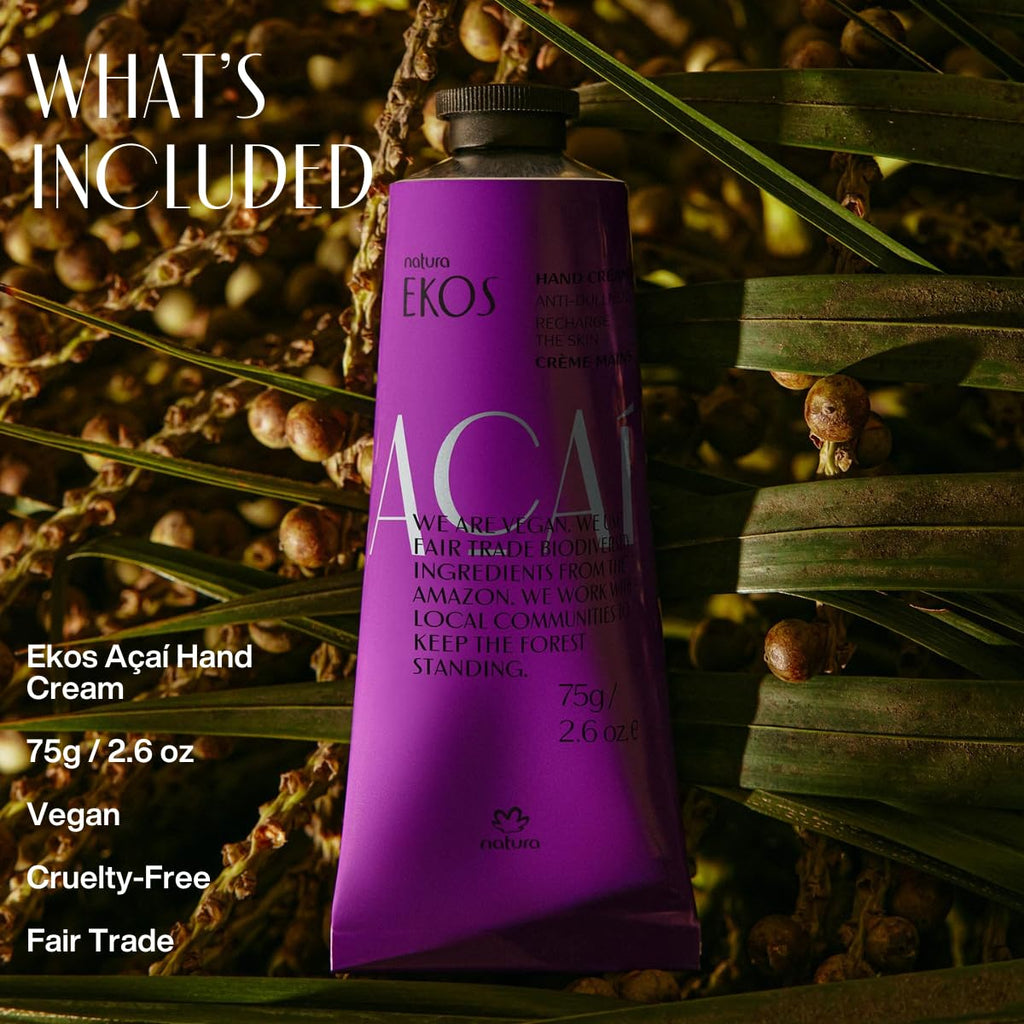 natura - Ekos Açaí Hand Cream - Anti-Dullness Hand Balm - Recharge the Skin - Fast Absorption - Skin Moisturizer - Vegan Skin Care - Brazilian Beauty Secrets - Self Care & Body Care - 2.6oz (75g)