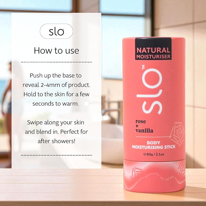 Slo Moisturizing Stick - Solid Body Balm with Organic Ingredients - Hydrates & Nourishes - Cocoa Butter, Coconut Oil and Vitamin E - Travel-Friendly Lotion Stick - Rose + Vanilla Scent, (2.1 oz/60g)