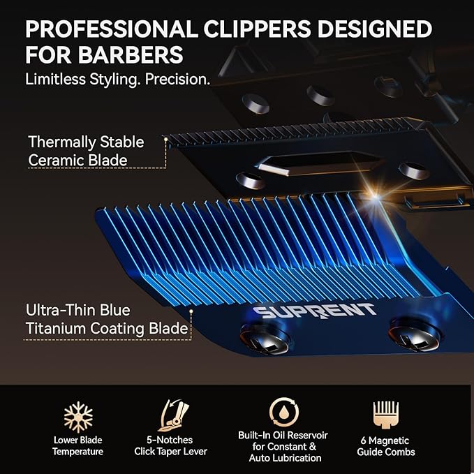 SUPRENT StormGray Professional Hair Clippers for Men - Cordless Barber Clippers & Zero-gapped Trimmer Set, Haircutting Kit with High Performance Motor, Blue Titanium-Coated Blades, Charging Stands