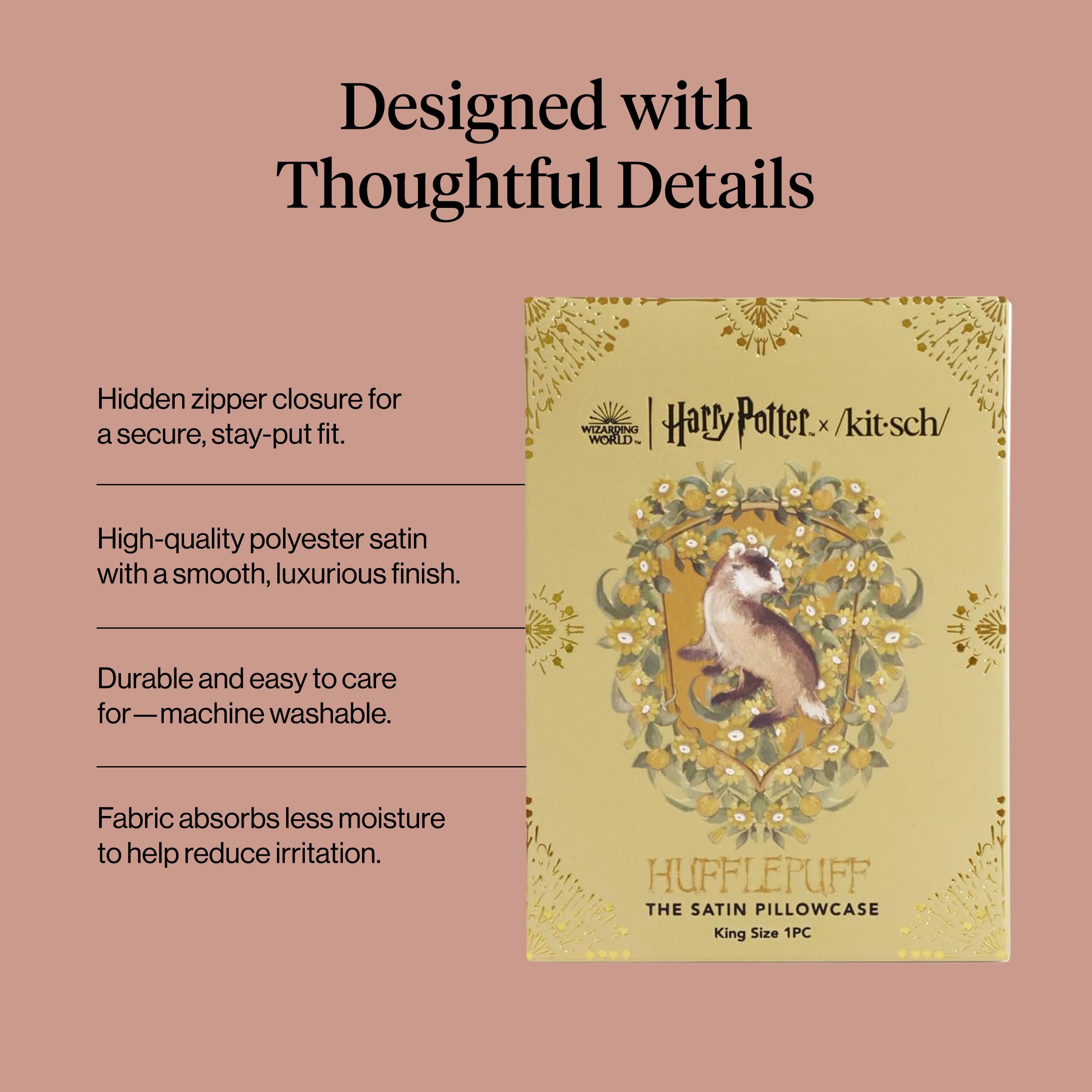 Kitsch & Harry Potter Satin Pillowcase W/Zipper - Size 19x36, Hufflepuff
