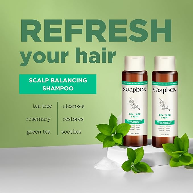 Soapbox Tea Tree Oil & Mint Shampoo & Conditioner Set, Leaves Hair & Scalp Balanced & Soothed - Clean Ingredients Free of Harsh Chemicals, Sulfates, Parabens & Silicones - 1 Liter Each