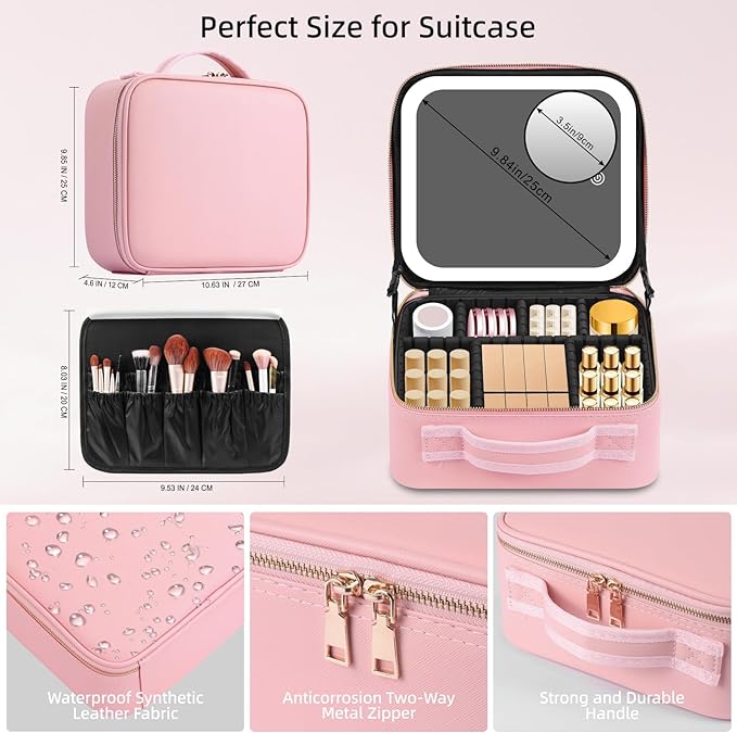 Jadazror Makeup Case with Mirror and Lights, Travel Makeup Bag with Lighted Mirror, Make up Case with LED Mirror & Adjustable Dividers, Portable Cosmetic Organizer Bag Gift for Women(Pink)