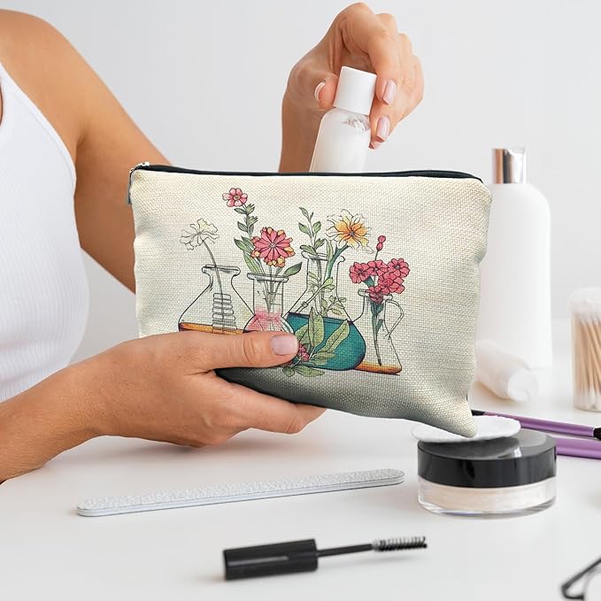 RYYCDOI Science Teacher Gifts Makeup Bag - Floral Beakers Cosmetic Pouch
