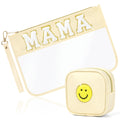 BuyCard 2 Pcs Preppy Patch Clear Mama Bag, Women Chenille Letter Makeup Cosmetic Bag for Travel, PVC Waterproof Organization Outdoor Zipper Pouch Toiletry Bag for Women Girl