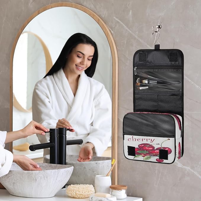 YoYoYuchong Travel Toiletry Bag for Women & Men Modern Fruit Cherry Hanging Cosmetic Organizer Portable Waterproof Makeup Case Make Up Bag with Compartments Travel Essentials for Bathroom Shower