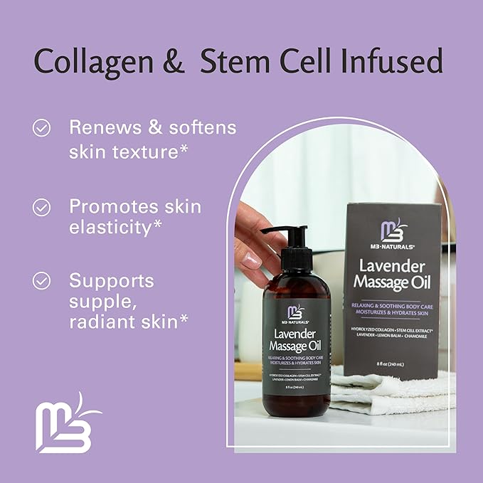 Lavender Sensual Massage Oil with Collagen and Stem Cells, Skin Tightening Therapy for Bum, Thighs, and Belly, Fast-Absorbing Cellulite Oil, 8 fl oz by M3 (Pack of 2)