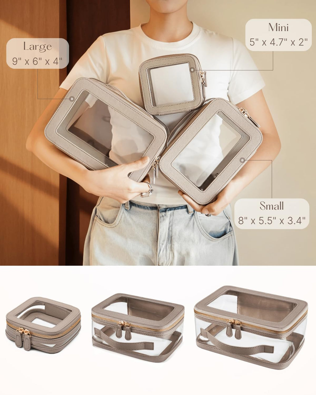 Oaque Clear Cosmetic Bag Set for Women Makeup Bag with Handle, 3 Pcs Travel Toiletry Bag Transparent Cosmetic Case Portable Make Up Organizer Bag for Essentials (Stone, Mini+S+L)