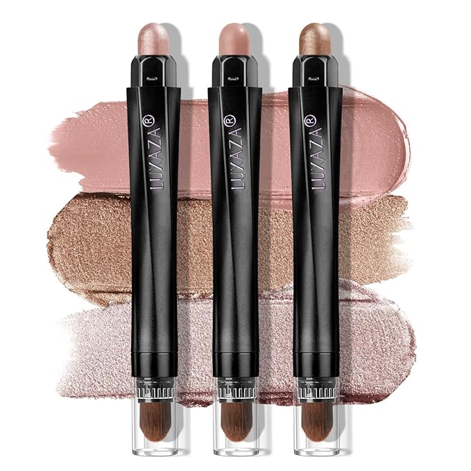 LUXAZA PRO Brown Eyeshadow Stick Makeup Set 3PCS, Neutral Shimmer And Matte Cream Eye Shadow Palette, Metallic Bronze Smoky Eyeliner Brightener Crayon Pencil Kit, Ideal Gift for Women -Rosewood Bloom