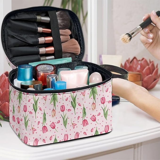 Drydeepin Pink Tulip Floral Heart Print Travel Makeup Bags for Women Portable Tote Cosmetic Case with Carry Handle Toiletry Accessories Storage Organizer Bags for Valentine's Day Mother's Day
