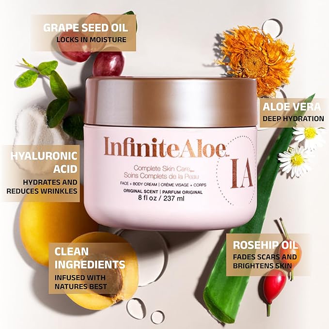 InfiniteAloe Complete Skin Care, Aloe Vera Powered Face and Body Cream for All Skin Types, Effective on Dry Skin, Original Scent - Airless Pump & 2 Travel Jar 0.5 oz