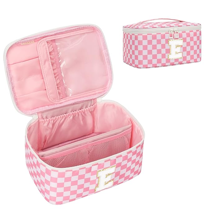 OCHEAL Makeup Bag for Women, Monogram Cosmetic Bag Pink Travel Makeup Case Beauty Toiletry Bag Organizer Personalized Gifts for Girls Bridesmaid, Sister, Wife, Friends Initial E