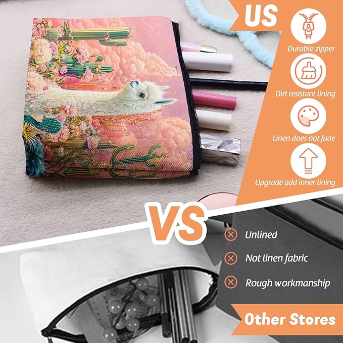 Scribesense Cosmetic Bags Travel Makeup Toilet Case Waterproof Pouch for Women Girls 6.7X9.45inches - White Alpaca Stand BetweenFlowers And Cacti