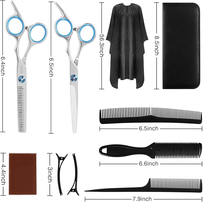 SCEDREAM 10-Piece Hair Cutting Scissors Kit - Professional Set with Thinning Scissors, Comb, Cape, Clips, Leather Bag for Barber, Salon, Home