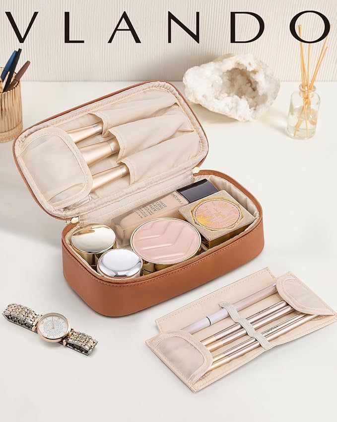 VLANDO Cosmetic Travel Bag with Separate Brush Storage,Brown