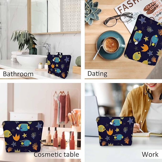 Kalygon Sea Animal Makeup Bags Makeup Organizer, Ocean Sea Turtle Starfish Seaweed Flax Toiletry Bags Travel Cosmetic Bag Makeup Purse Pouch Skincare Bag Wallet Bags For Women Female Mom Daughter