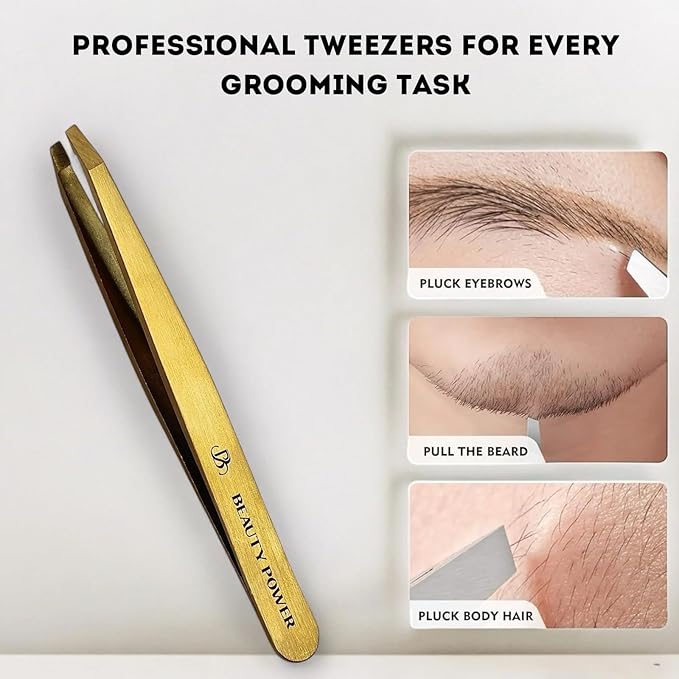 Beauty Power Tweezers for Women Facial Hair: Ultra Precision Tweezers for Women & Men, Sharp Slant Tweezer for Eyebrows, Ingrown Hair Removal. Professional Plucker + Case, German Stainless Steel Gold