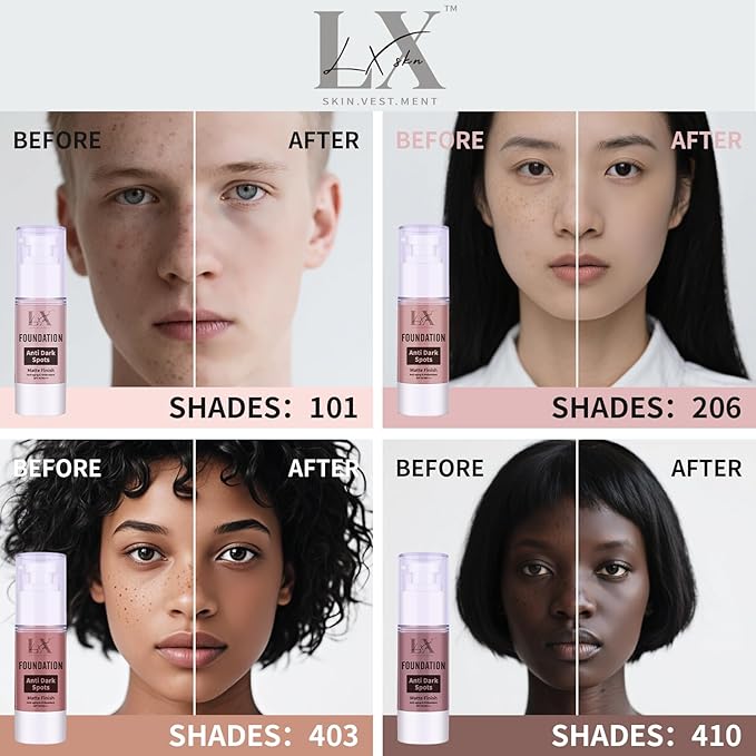 LXSKN Anti-Dark Spot Liquid Foundation - Collagen Serum Foundation Infused with 2% Niacinamide, High Coverage For A Smooth & Satin Finish, 403 Deep