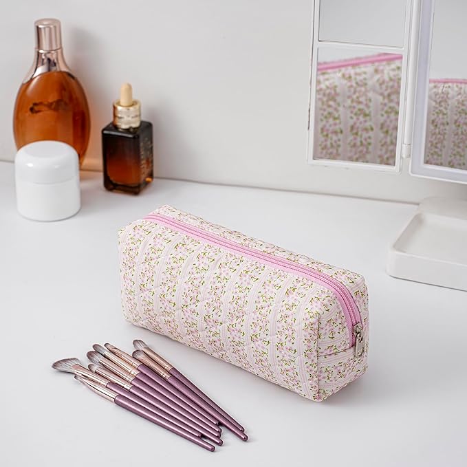 HHQQWZ Cute Floral Cotton Makeup Brush Cosmetic Bag for Women, Travel Quilted Zipper Make Up Bag, Flowers Toiletry Organizer Case Kawaii Makeup Cosmetic Travel Cloth Pouch (Pink+Black)