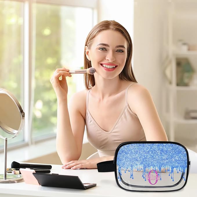 KFNHN Personalized Travel Transparent Cosmetic Bag Waterproof Makeup Bags, Custom Name Light Sky Blue Curtain Glittering Romantic Organizer Case Clear Toiletries Container Bag