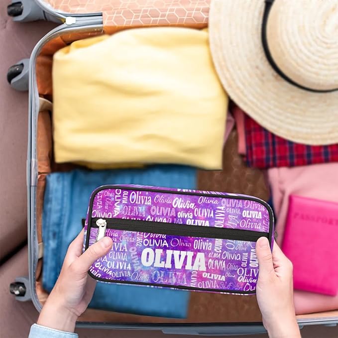 KFNHN Custom Large Travel Cosmetic Bag with Name, Watercolor Purple Galaxy