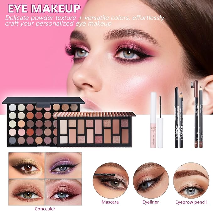 Travel Makeup Kit, Makeup Set For Teen Girls, Make up Gift Set For Women with Makeup Box, Eyeshadow Palettes, Foundation, Concealer, brushes set (Colors 29)